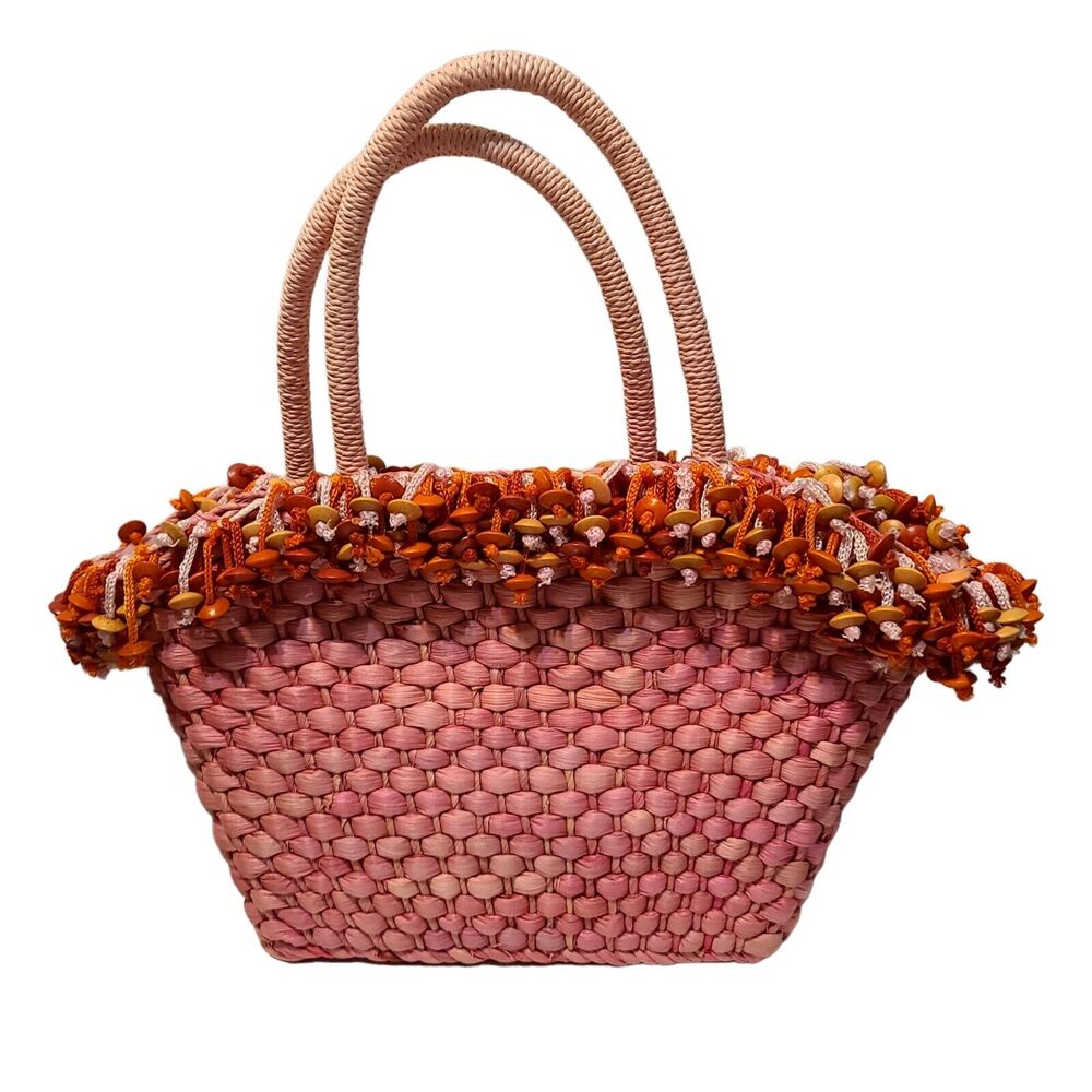 Pink Weaved Straw Hand Bag w/Orange/Tan Wood Beads Drawstring Closure NWT‎